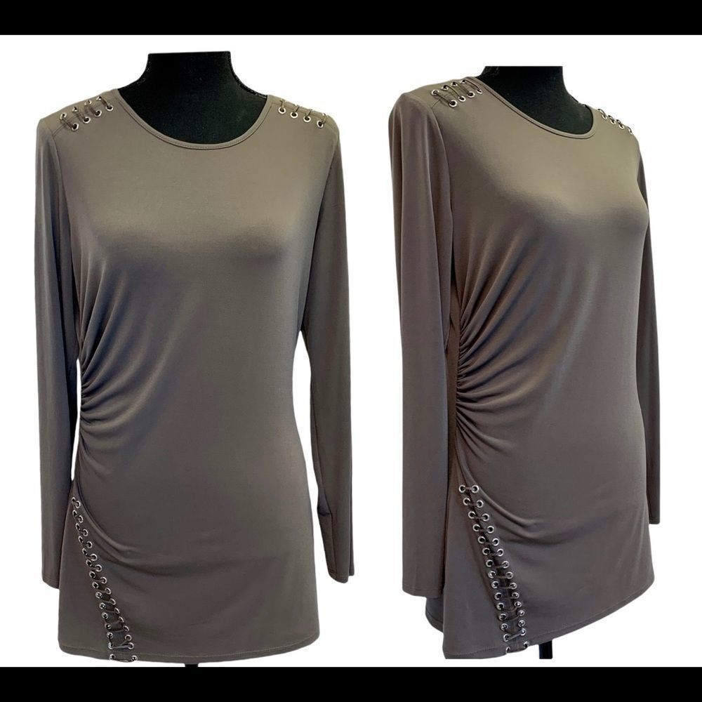 Lines Domani army green ruched siding braided shoulder detail long sleeve top M